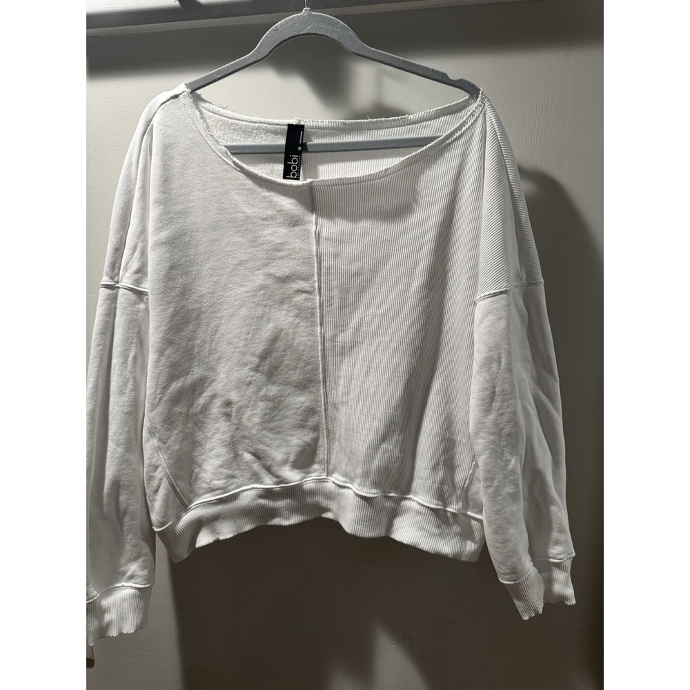 Bobi Oversized Cropped Long Sleeve White Heavy Knit Top Minimalist Casual Sz M